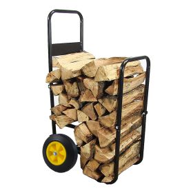 Firewood Log Cart Carrier - Outdoor or Indoor Black Steel Wood Rack Storage Mover - Rolling Wheeled Metal Dolly Hauler - Wood Moving Equipment - Black