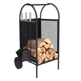 31.5''x14'' x14''Firewood Rack Log Cart with Wheels,Fireplace Log Carriers Holders with 3 Fireplace Tool Set,Black - Black