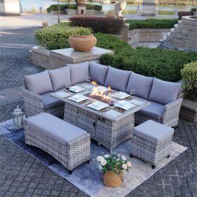 5-Piece Gray Wicker Outdoor Conversational Sofa Set with Fire Pit Table and Ottoman - Gray