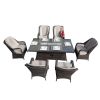 Direct Wicker 7-Piece Patio Wicker Gas Fire Pit Set Rectangular Table With Arm Chairs - brown