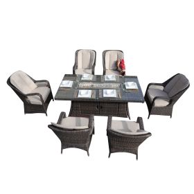 Direct Wicker 7-Piece Patio Wicker Gas Fire Pit Set Rectangular Table With Arm Chairs - brown