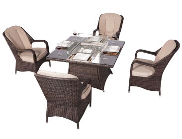 Direct Wicker Outdoor 4-Seat Rattan Square Gas Firepit Dining Set with Eton Chairs and Cushion - 5 Pieces