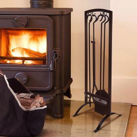 5 Pcs Iron Fireplace Tools Sets; Fireplace Accessories Tools with Holder; for Indoor Outdoor Fireplace Fire Pit; Black - Black