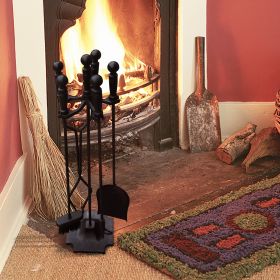5 Pcs Iron Fireplace Tools Set in Handle Wrought Iron; Fire Tool Set with Log Holder Fire Pit Stand; Black - Black