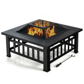 Outddor Patio Garden Beach Camping Bonfire Party Fire Pit With BBQ Grill - Black - 32"