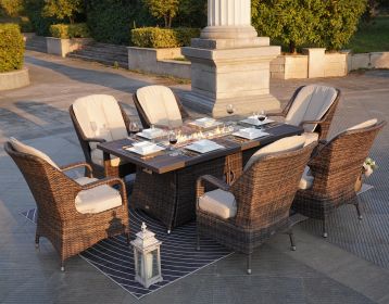 Direct Wicker Patio Fire Pit Dining Set 6-Seat Rectangular Aluminum Table with Rattan Chairs - Brown