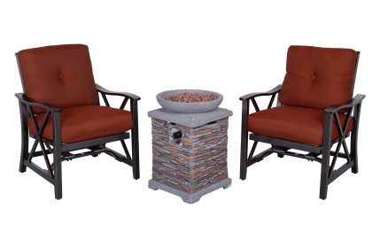 Outdoor Fire Pit 3pcs Set w/Haywood KD Aluminum X Back Stationary Spring Chairs - black gold - 2-person