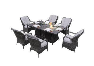 Direct Wicker 7 PCS Patio Gas Firepit and Ice Container Rectangle Dining Set with 6 Standard Height Chairs  - Gray