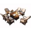 Direct Wicker 7 PCS Patio Gas Firepit and Ice Container Rectangle Dining Set with 6 Standard Height Chairs  - Brown