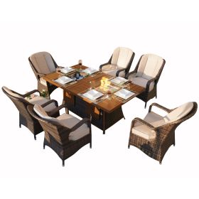 Direct Wicker 7 PCS Patio Gas Firepit and Ice Container Rectangle Dining Set with 6 Standard Height Chairs  - Brown