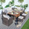 Direct Wicker 7 PCS Patio Conversational Sofa Set With Gas Firepit and Ice Container Dining Table - Brown