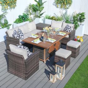 Direct Wicker 7 PCS Patio Conversational Sofa Set With Gas Firepit and Ice Container Dining Table - Brown