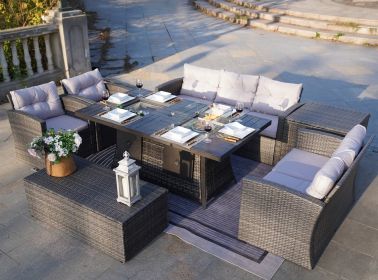 Direct Wicker Outdoor Patio Furniture Set with Rectangular Fire Pit Table in Elegant Brown or Chic Gray - Gray