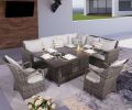 Direct Wicker 7 PCS Patio Gray Conversational Sofa Set With Gas Firepit and Ice Container Dining Table  - Gray