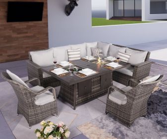 Direct Wicker 7 PCS Patio Gray Conversational Sofa Set With Gas Firepit and Ice Container Dining Table  - Gray