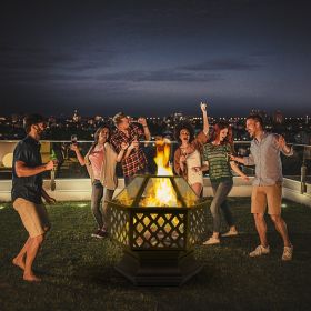 22" Hexagonal Shaped Iron Brazier Wood Burning Fire Pit Decoration for Backyard Poolside - cupreous
