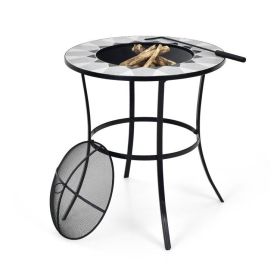 23.5 Inches Round Fire Pit Table with Mesh Cover and Fire Poker - Black