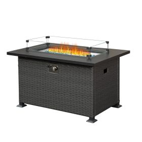 Fire Pit Table 43.3 Inch with Glass Wind Guard, 50,000 BTU Smokeless Fire Pits for Outside,Outdoor Wicker Gas Fire Pits for Patio (Dark Gray) - as Pic