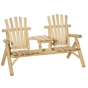 Outsunny 2-Seat Wooden Adirondack Chair, Patio Bench with Table, Outdoor Loveseat Fire Pit Chair for Porch, Backyard, Deck, Natural - as Pic