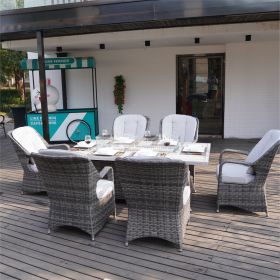 Direct Wicker Patio Fire Pit Dining Set 6-Seat Rectangular Aluminum Table with Rattan Chairs - Gray
