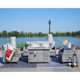 Direct Wicker 5-Piece Wicker Patio Fire Pit Sectional Seating Set with Gray Cushions - Tall Table