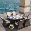Direct Wicker Outdoor 7-Piece Patio Wicker Gas Fire Pit Dining Set with Arm Chairs - brown