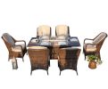 Direct Wicker Patio Fire Pit Dining Set 6-Seat Rectangular Aluminum Table with Rattan Chairs - Brown