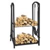 17.8x11.8x 29.3in Firewood Log Rack ; Black Wrought Iron Steel Frame Firewood Storage Holder with 4 Tools; for Fire Pit Fireplace; Black - Black