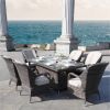Direct Wicker 7-Piece Patio Wicker Gas Fire Pit Set Rectangular Table With Arm Chairs - brown