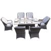 Direct Wicker Patio Fire Pit Dining Set 6-Seat Rectangular Aluminum Table with Rattan Chairs - Gray