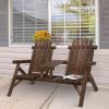 Outsunny 2-Seat Wooden Adirondack Chair, Patio Bench with Table, Outdoor Loveseat Fire Pit Chair for Porch, Backyard, Deck, Carbonized - as Pic