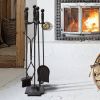 5 Pcs Iron Fireplace Tools Set in Handle Wrought Iron; Fire Tool Set with Log Holder Fire Pit Stand; Black - Black
