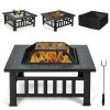 32 Inch 3 in 1 Outdoor Square Fire Pit Table with BBQ Grill and Rain Cover for Camping - Black