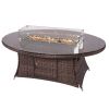 Direct Wicker Outdoor 7-Piece Patio Wicker Gas Fire Pit Dining Set with Arm Chairs - brown