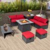 35 Inch Propane Gas Fire Pit Table Wicker Rattan with Lava Rocks PVC Cover - Black
