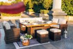Direct Wicker 7 PCS Patio Conversational Sofa Set With Gas Firepit and Ice Container Dining Table - Brown