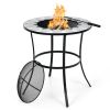 23.5 Inches Round Fire Pit Table with Mesh Cover and Fire Poker - Black